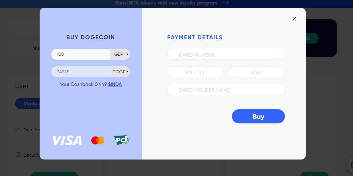 Buying DOGE on Indacoin