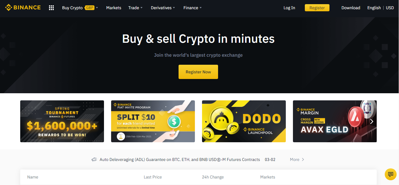 Binance homepage